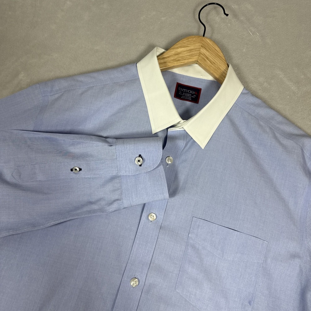 Untuckit Long Sleeve Button Up Slim Fit Blue White Collar Mens Size XL Business